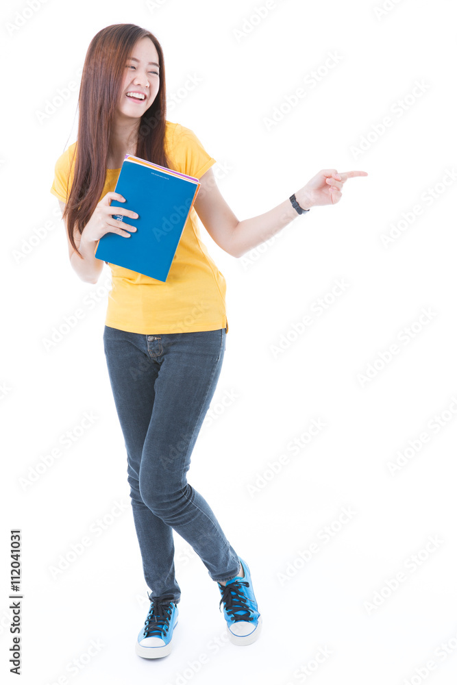 Young asian student girl with book. Isolated on white background