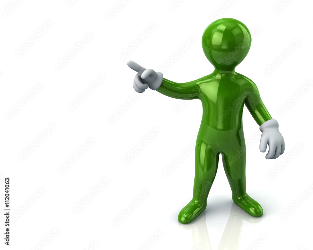 Green cartoon man pointing with his index finger Green cartoon man pointing with his index finger