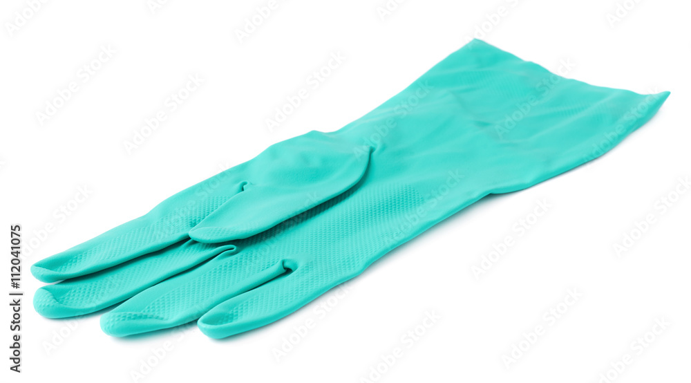 Rubber latex green glove over white isolated background
