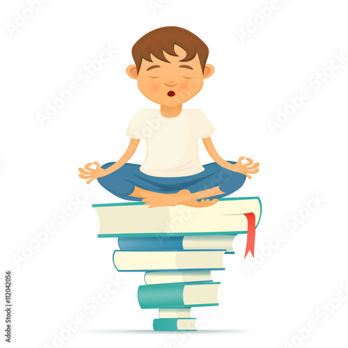 Illustration with yong yoga meditation boy siting on books