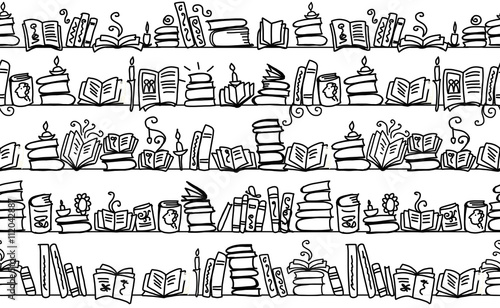 Seamless pattern with books on bookshelves, sketch design