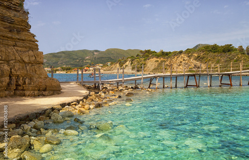 Hanging wooden bridge over the sea Cameo Island Zakynthos Greece