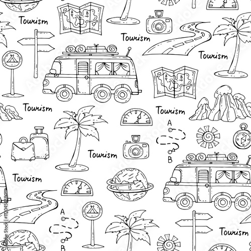 Vector seamless pattern with hand drawn isolated symbols of car travel on black color.  Pattern on the theme of tourism