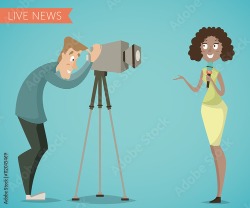 Woman reporter and camera man. Cartoon characters. Live news, reports, interviews concept. Vector illustration