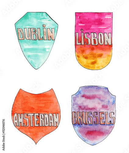 Photography Watercolor shields with cities names