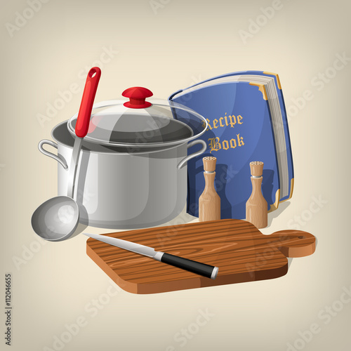 Pan, ladle, recipe book, cutting board and knife. Vector kitchen background.