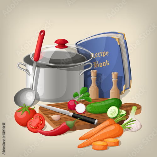 Kitchen utensils and vegetables. Vector kitchen background.