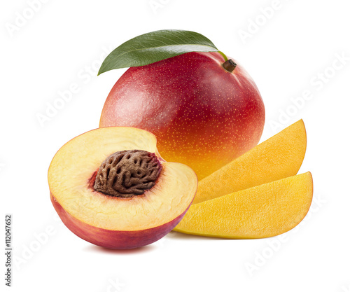 Mango slices peach half 3 isolated on white background as package design element