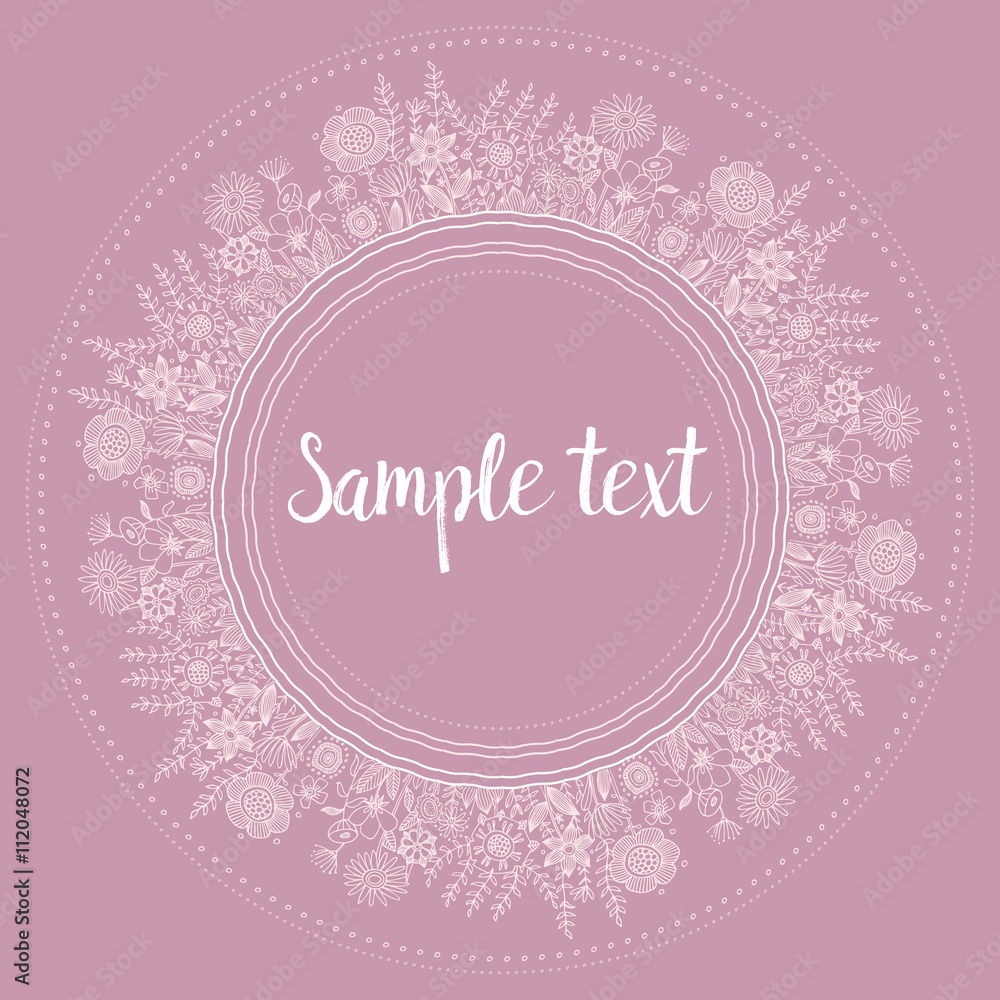 Purple invitation template with hand drawn pink doodle flowers. Vintage card.