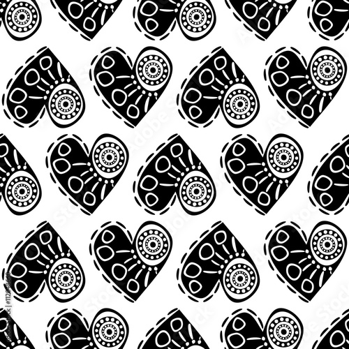 Seamless vector pattern with hearts. Black and white abstract background with drawn elements and ornamental symbols. Decorative repeating ornament.
