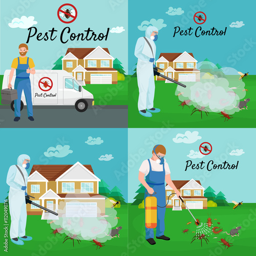 Pest control concept with insects exterminator silhouette flat vector illustration