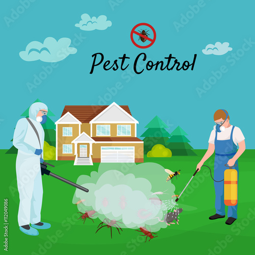 Pest control concept with insects exterminator silhouette flat vector illustration