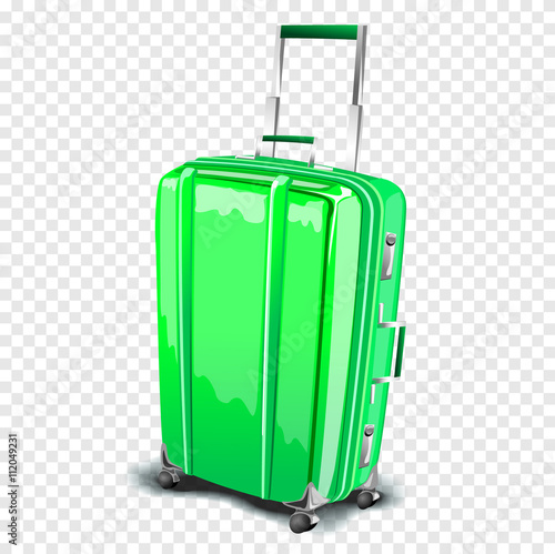 Bright green suitcase travel bag with handle. Vector isolated