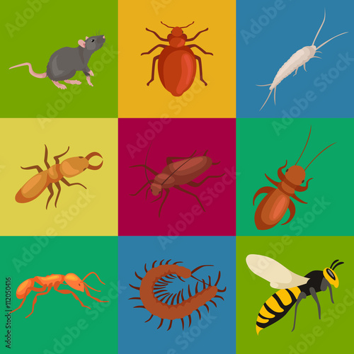 Pest control concept with insects exterminator silhouette flat vector illustration
