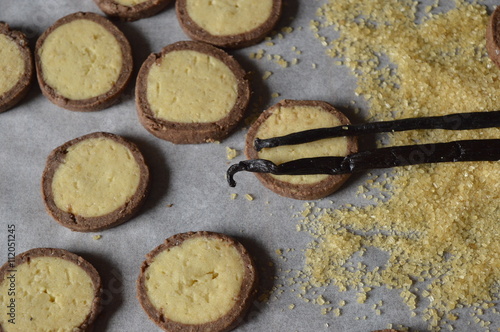 Homemade, round butter cookies with chocolate rant, with brown sugar; vanilla - butter cookies; with vanilla pods; perfect for child's day, Father's Day and summer snacks, kids love them photo