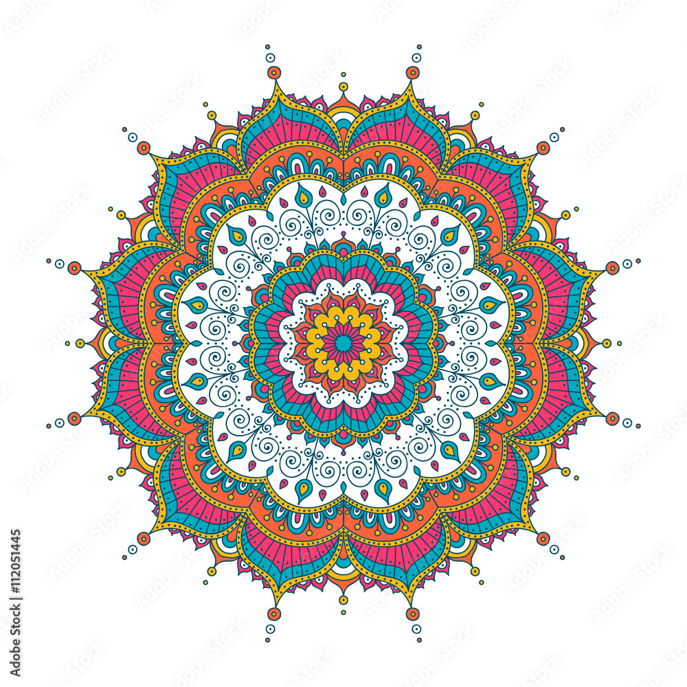 Vector hand drawn doodle mandala with hearts. Ethnic mandala with colorful ornament. Isolated. Pink, white, yellow, blue and orange colors.