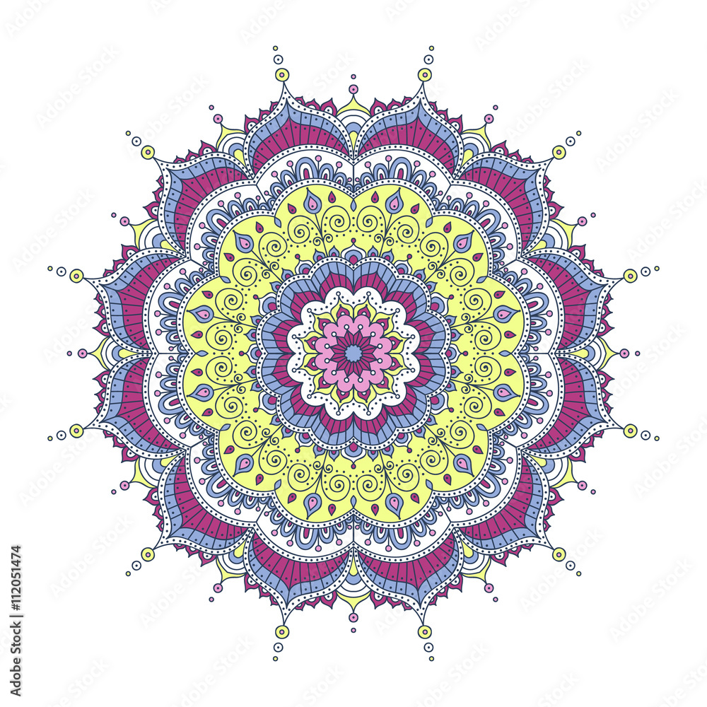 Vector hand drawn doodle mandala with hearts. Ethnic mandala with colorful ornament. Isolated. Pink, white, yellow, purple colors.