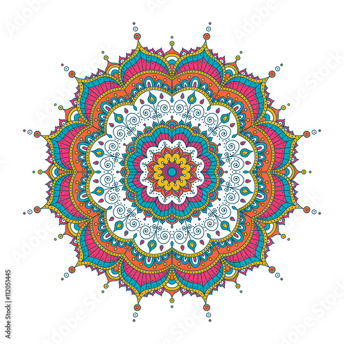 Vector hand drawn doodle mandala with hearts. Ethnic mandala with colorful ornament. Isolated. Pink, white, yellow, blue and orange colors.