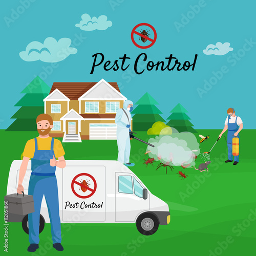 Pest control concept with insects exterminator silhouette flat vector illustration