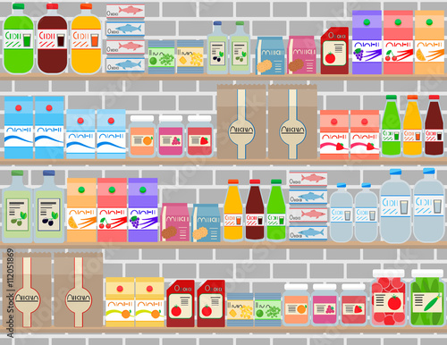 Fototapeta Naklejka Na Ścianę i Meble -  vector illustration supermarket shelves with bright products flat design