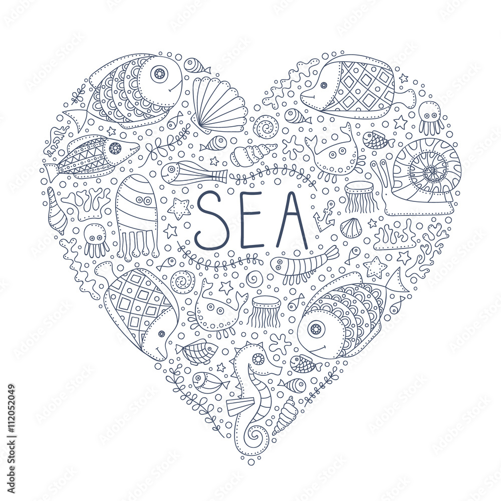 Sea heart. Vector hand drawn doodle sea elements - fish, sea star, sea horse, crab, anchor, bubbles. Pattern for coloring book. Outline. Love sea.