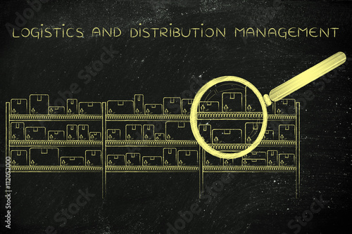 products in a warehouse & magnifying glass, logistics & distribu photo