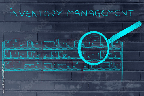 Canvas-taulu products in a warehouse & magnifying glass, inventory management