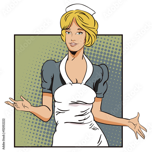 People in retro style. Girl cleaning service.