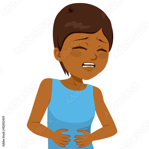 African American little girl touching her belly having terrible stomachache pain