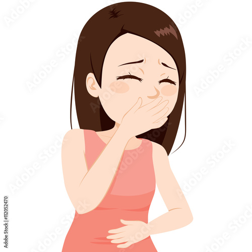 Teenager girl covering mouth with hand sick about to throw up