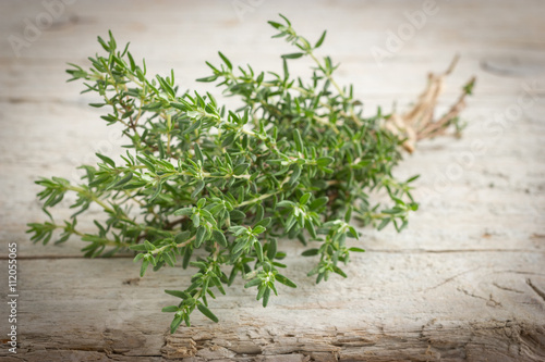 Freshly harvested bunch of thyme on wooden rustic background