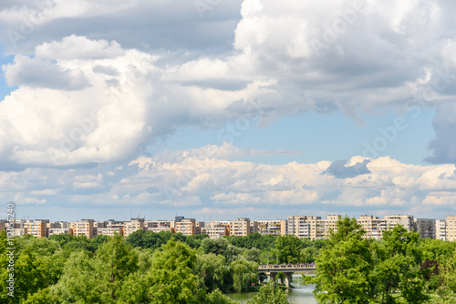 Bucharest City Skyline View From Youths Park (Parcul Tineretului) With Blue Sky And White Clouds
