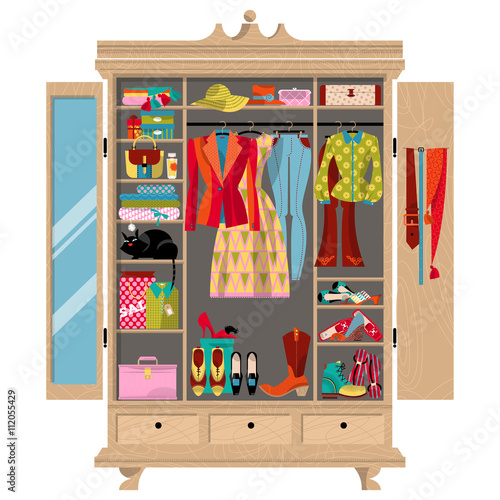 Wardrobe for cloths. Closet with clothes, bags, boxes and shoes. Shopping Time.