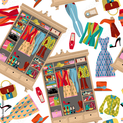 Wardrobe for cloths. Closet with clothes, bags, boxes and shoes. Seamless background pattern.