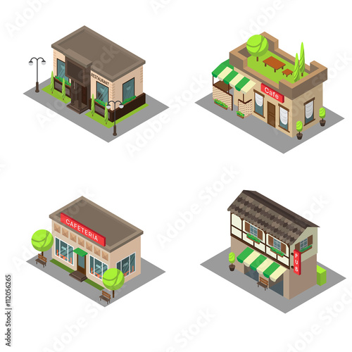 Set vector isometric city building pub, cafe, restaurant. Isometric icon or infographic element pub, cafe and restaurant on white background.