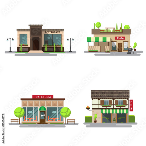 Fototapeta Naklejka Na Ścianę i Meble -  Vector set of detailed flat design city public buildings. Restaurants and cafe, cafeteria, coffee house and bub facade icons on white background