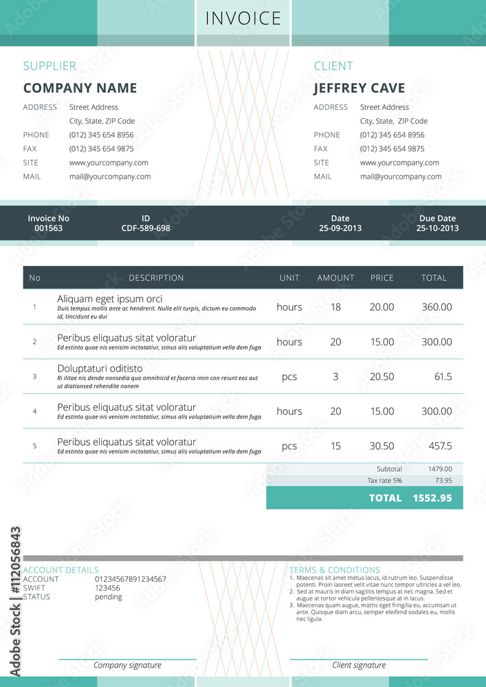 Obraz premium Business invoice template. Vector illustration. Invoice form. Stationery design