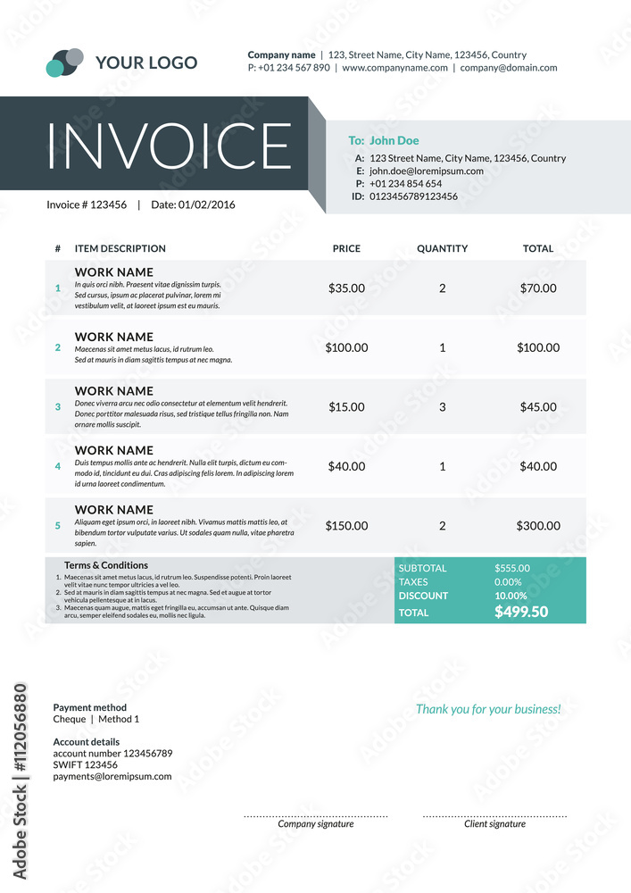 Business invoice template. Vector illustration. Invoice form. Stationery design