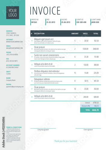 Business invoice template. Vector illustration. Invoice form. Stationery design