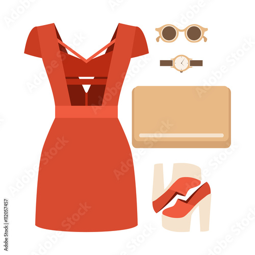 Set of trendy women's clothes with dress and accessories. Vector illustration