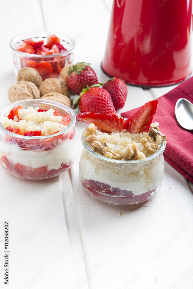 Dessert Healthy, quinoa, strawberry, nuts and yogurt.