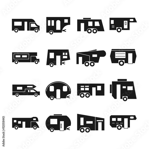 RV cars, campers vector icons