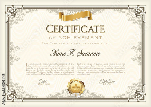 Certificate of Achievement Vintage Frame with Gold Ribbon. Landscape.