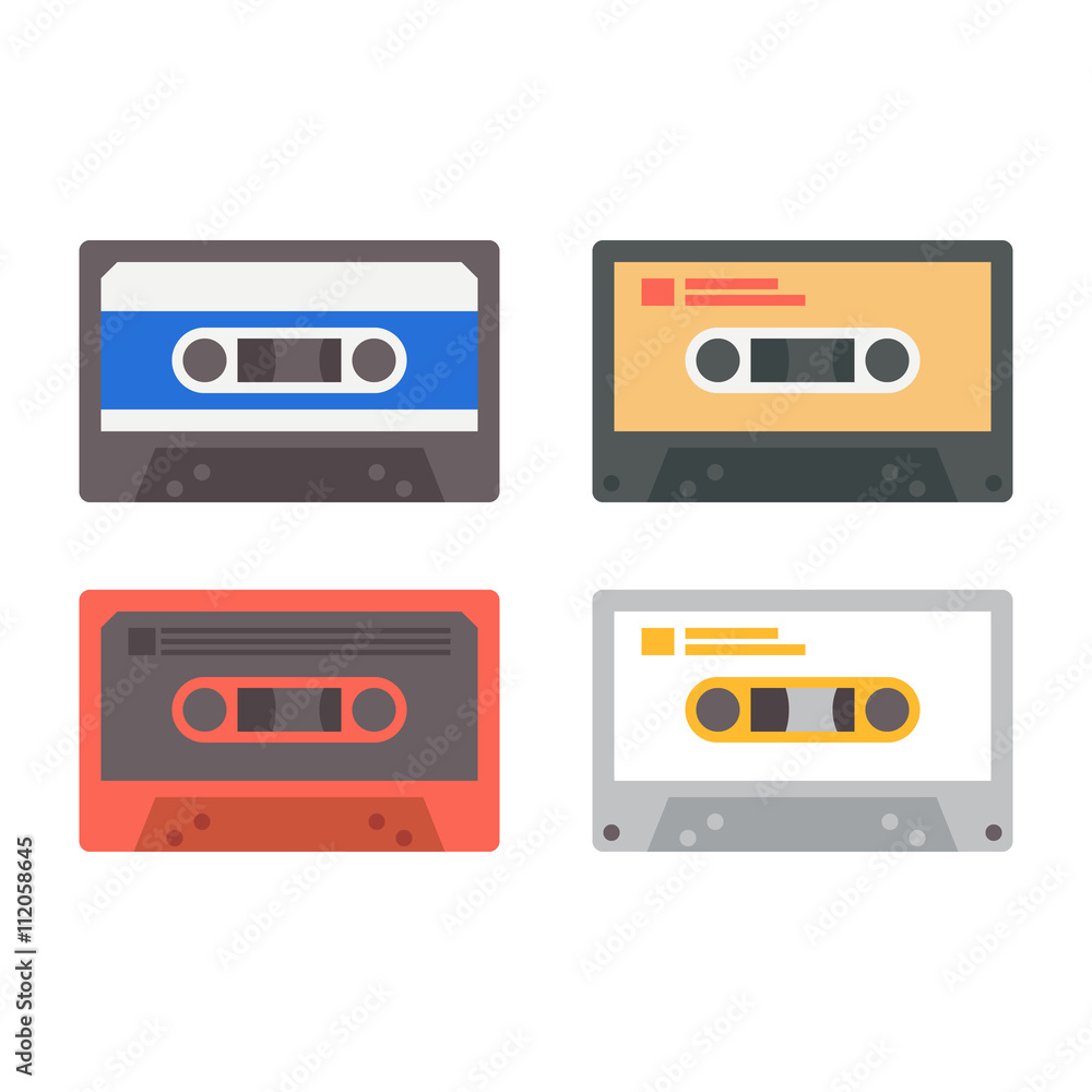 Set of various audio tapes. Vector flat illustration
