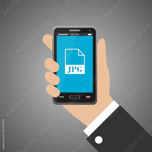 Hand holding smartphone with jpg icon