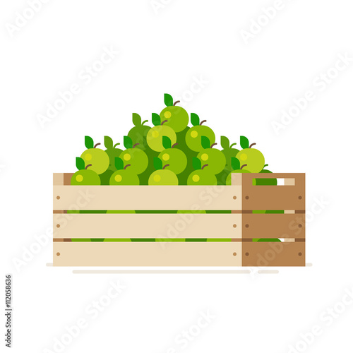 Wooden crate box full of fresh apples isolated on a white background. Vector illustration. Flat design style