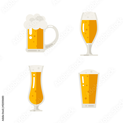 Set of beer icons. Beer bottle, glass, pint. Oktoberfest. Vector flat illustration isolated on white background.