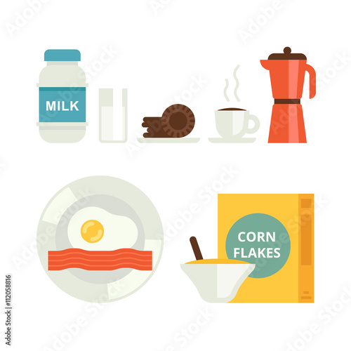 The set of breakfast vector icons. Milk, cookies, corn flakes, coffee and egg with bacon