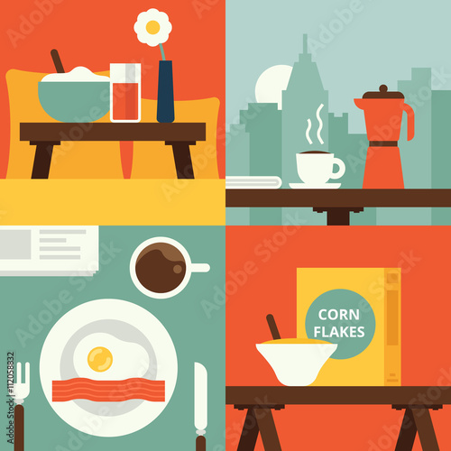 Breakfast icons set. Vector flat illustration
