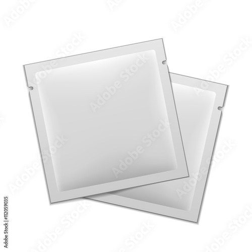 White Blank Retort Foil Packaging Medicine Drugs Or Coffee, Salt, Sugar, Pepper, Spices, Sachet, Sweets, Candy Or Condom. Isolated Mock Up Template Ready For Your Design. Product Packing Vector EPS10